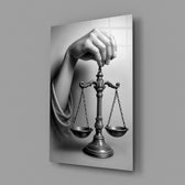 Lady Justice cinematic glass wall art in corporate boardroom