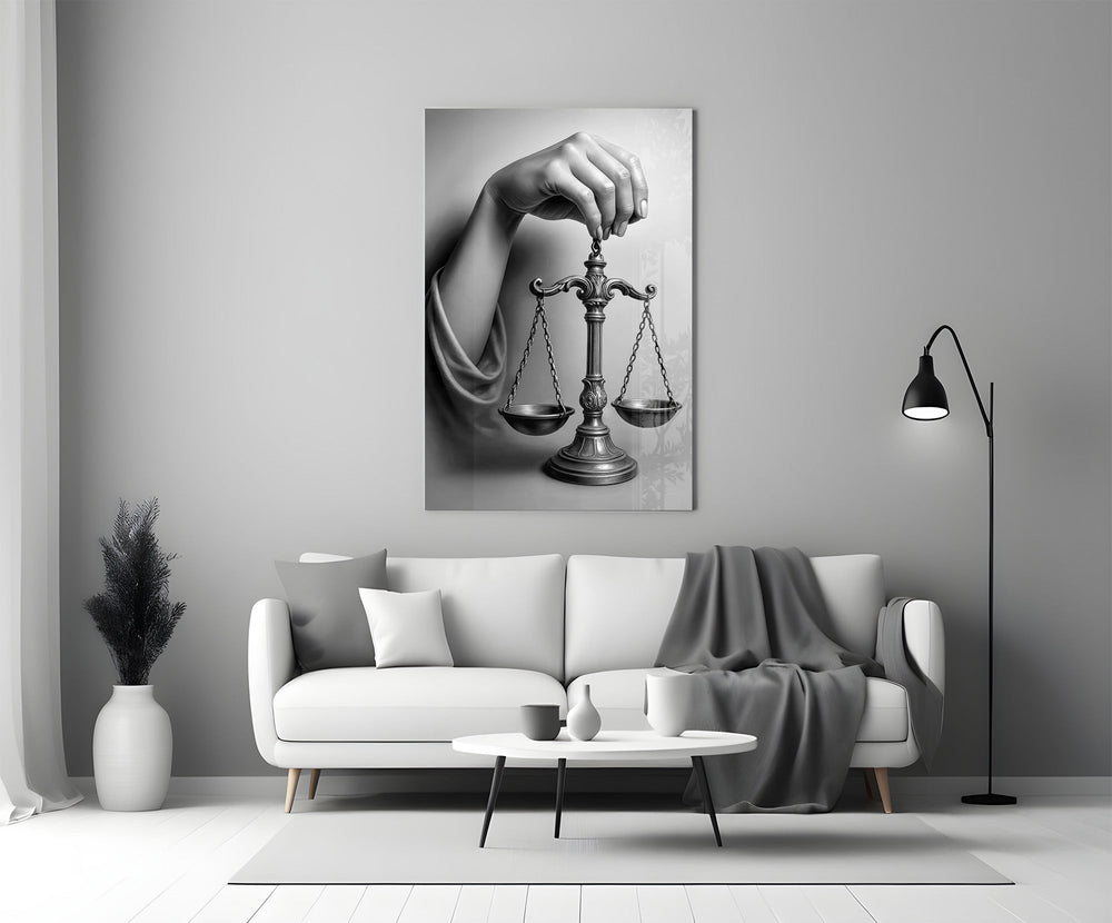 Bronze-scale-of-justice cinematic glass wall art in heritage stairwell