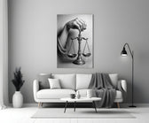 Bronze-scale-of-justice cinematic glass wall art in heritage stairwell