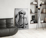 Renaissance allegory cinematic glass wall art over modern dining sideboard