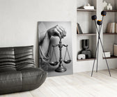 Renaissance allegory cinematic glass wall art over modern dining sideboard