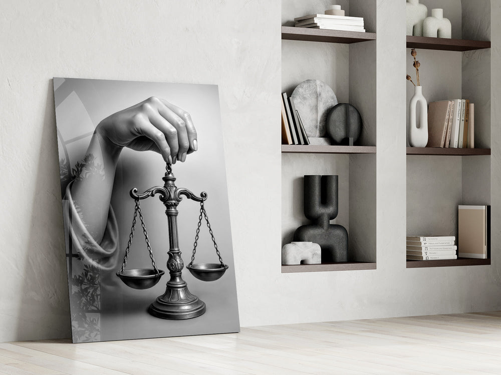 Lady-Justice tribute cinematic glass wall art in private library reading nook