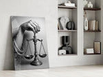 Lady-Justice tribute cinematic glass wall art in private library reading nook