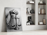 Lady-Justice tribute cinematic glass wall art in private library reading nook