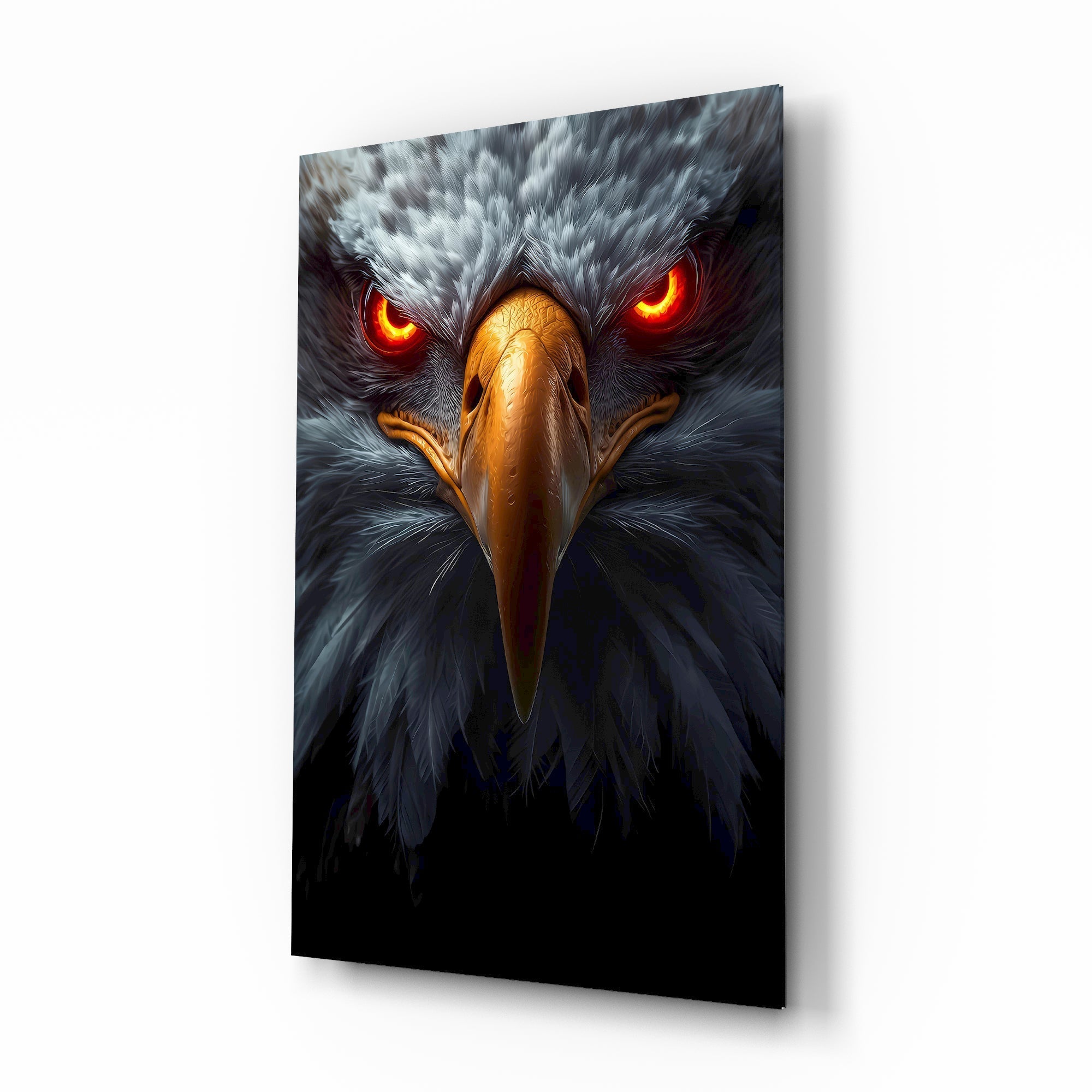 Flame eyed eagle cinematic glass wall art over walnut console in designer office