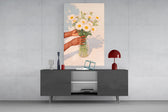 Cottagecore still-life cinematic glass wall art in light-filled atelier