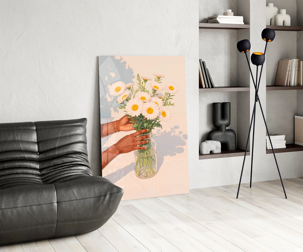 Mason jar daisies cinematic glass wall art over modern dining sideboard