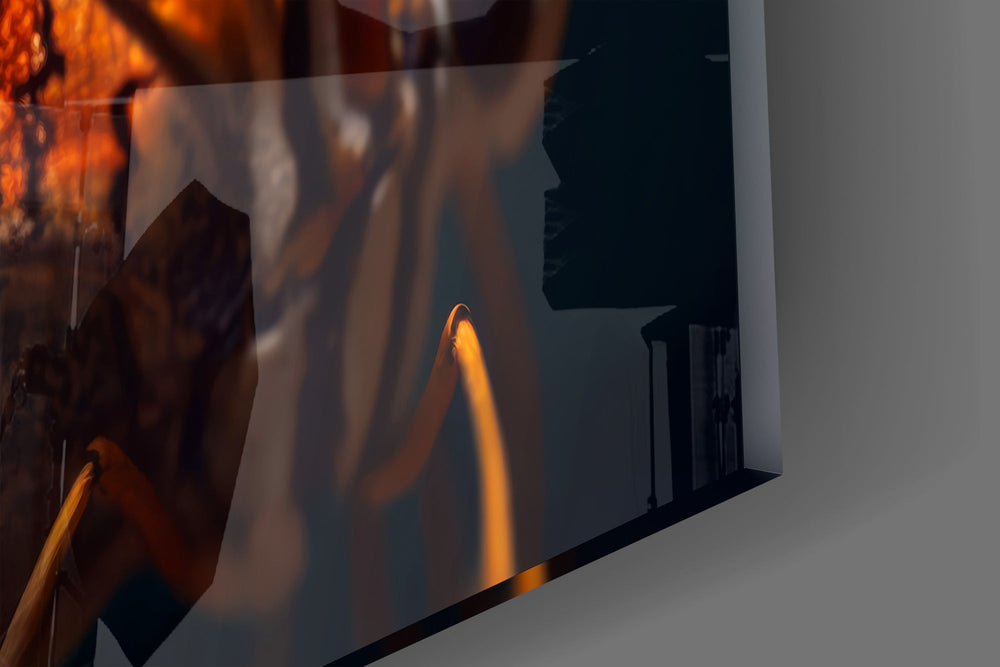 Iridescent wing close-up cinematic glass wall art in boutique-hotel suite