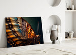 Tangerine-and-teal wing cinematic glass wall art in heritage stairwell