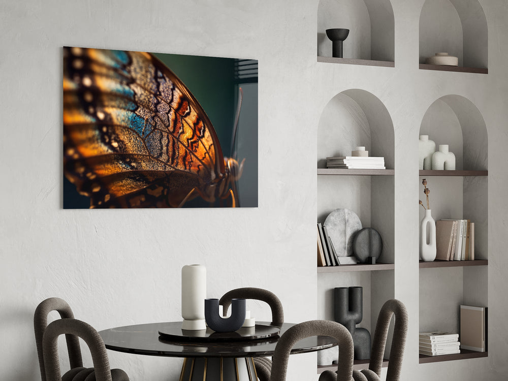 Tiffany-style butterfly cinematic glass wall art over modern dining sideboard