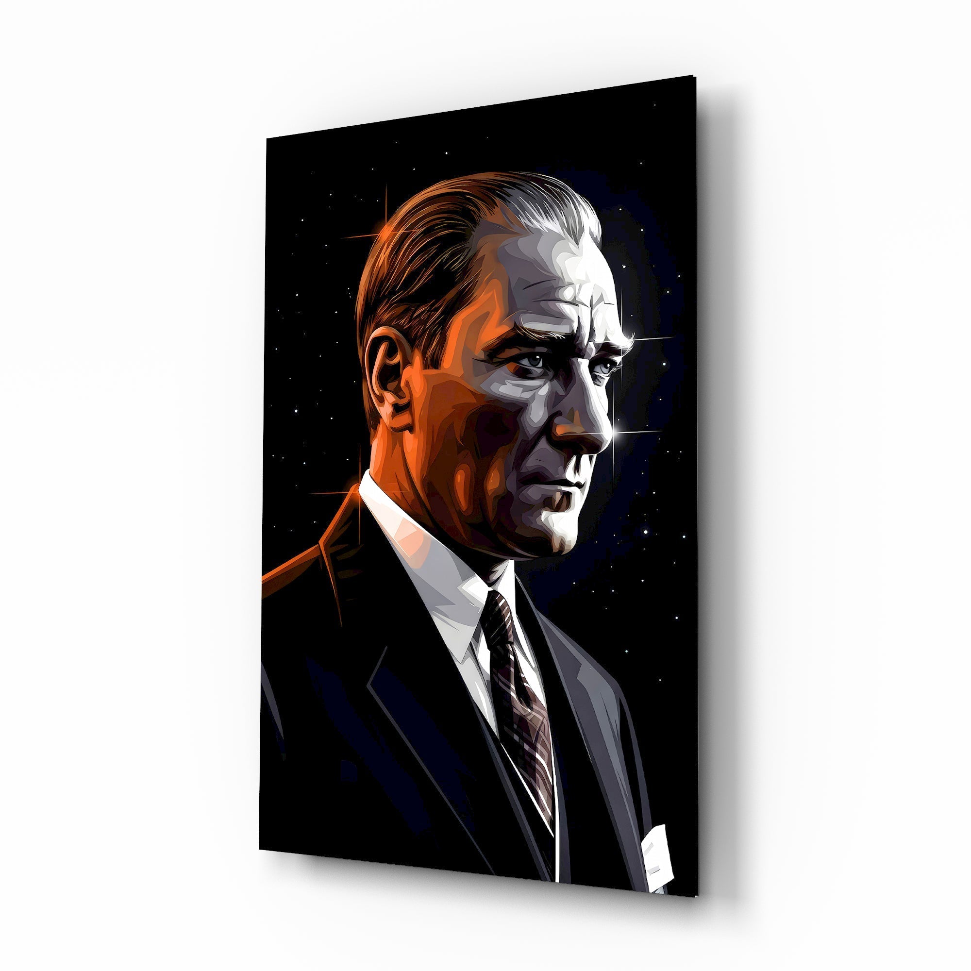 Atatürk vector pop portrait cinematic glass wall art over walnut console in Turkish-heritage home