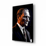Atatürk vector pop portrait cinematic glass wall art over walnut console in Turkish-heritage home