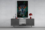 Fine-art fantasy cinematic glass wall art in boutique-hotel lounge