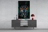 Fine-art fantasy cinematic glass wall art in boutique-hotel lounge