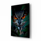 Owl in foliage cinematic glass wall art over walnut console in designer office