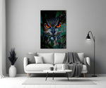 Saffron-eye owl cinematic glass wall art in heritage stairwell