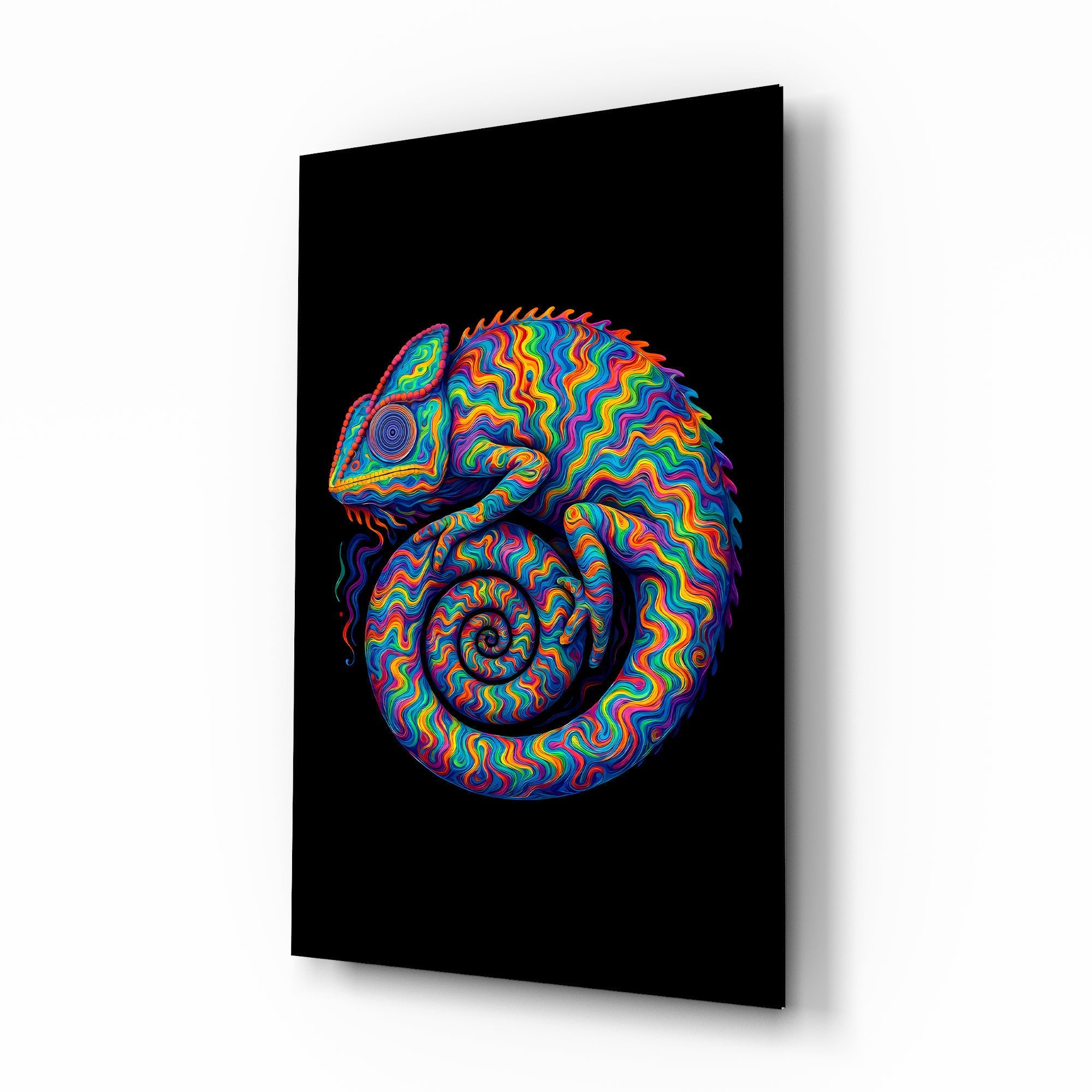 Psychedelic rainbow chameleon cinematic glass wall art over walnut console in designer entertainment den