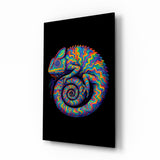 Psychedelic rainbow chameleon cinematic glass wall art over walnut console in designer entertainment den