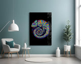 Coiled chameleon cinematic glass wall art in creative-agency reception