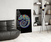 Trippy-graphic cinematic glass wall art over modern dining sideboard