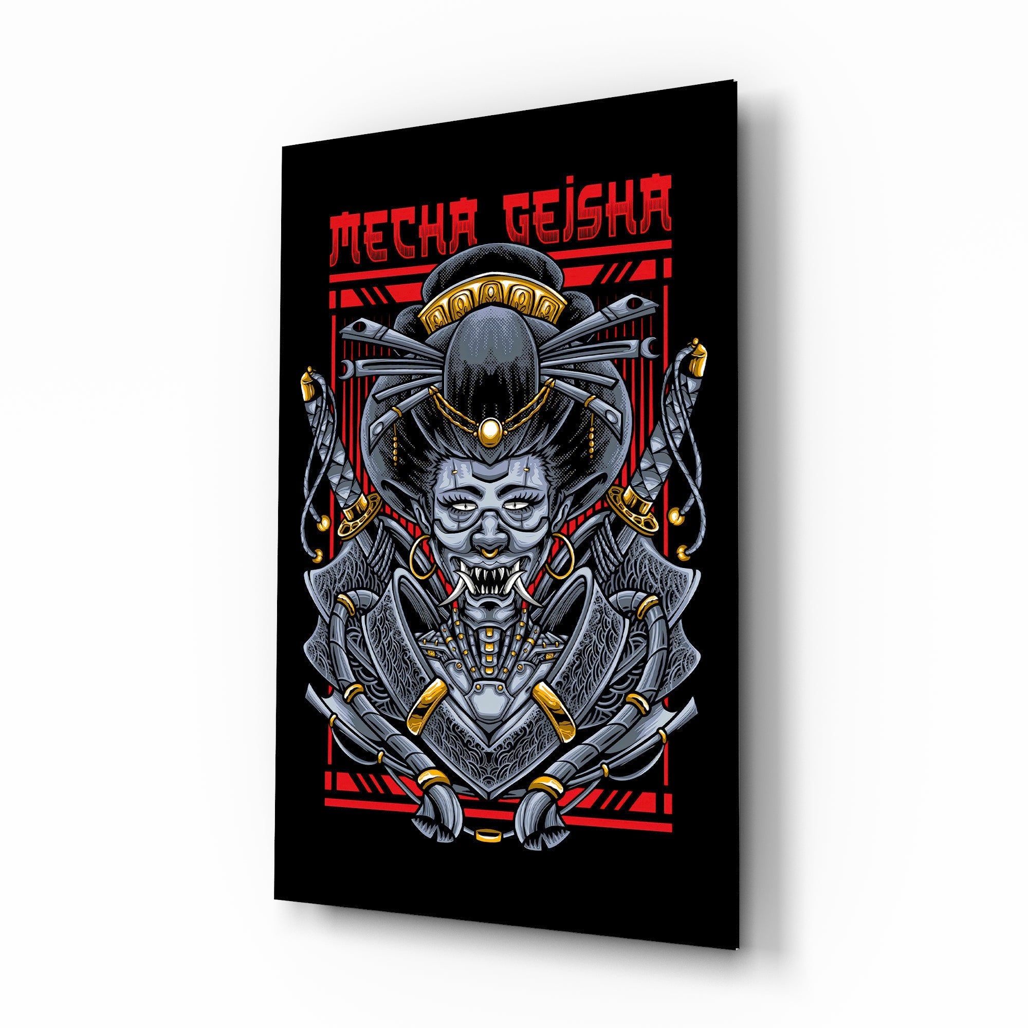 Mecha Geisha red cinematic glass wall art over walnut console in designer entertainment den