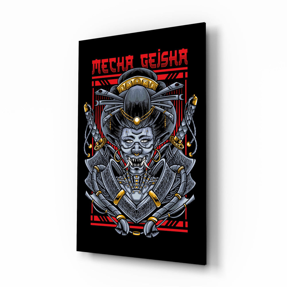 Mecha Geisha red cinematic glass wall art over walnut console in designer entertainment den