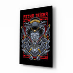 Mecha Geisha red cinematic glass wall art over walnut console in designer entertainment den