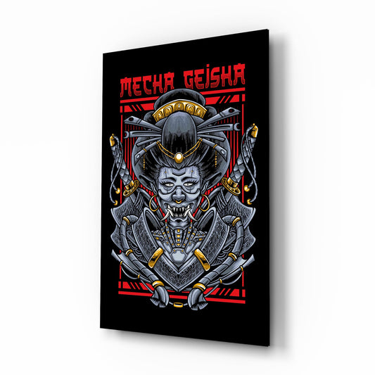 Mecha Geisha red cinematic glass wall art over walnut console in designer entertainment den
