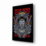 Mecha Geisha red cinematic glass wall art over walnut console in designer entertainment den