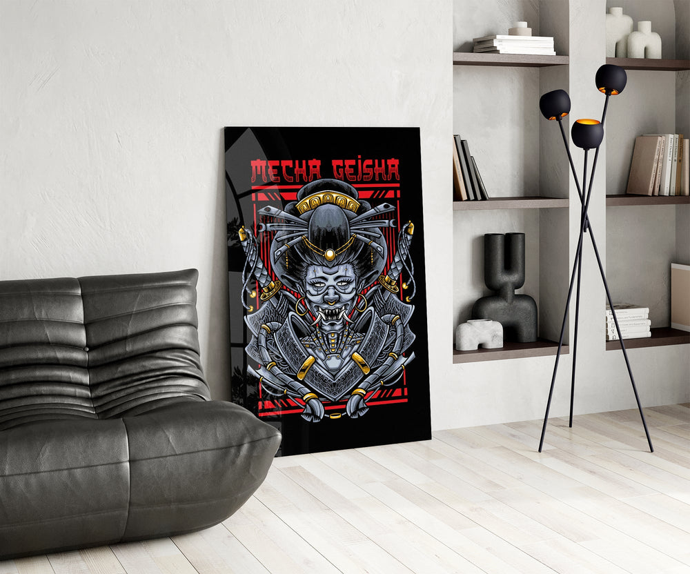 Ukiyo-e demon cinematic glass wall art over modern bar console