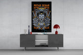 Streetwear graphic cinematic glass wall art in masculine-luxe study