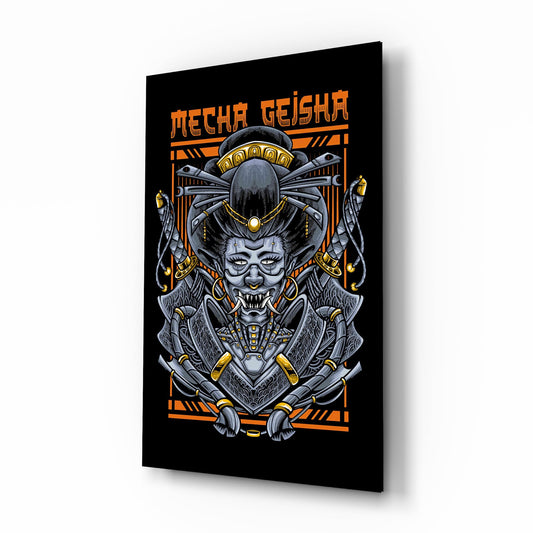 Mecha Geisha orange cinematic glass wall art over walnut console in designer entertainment den