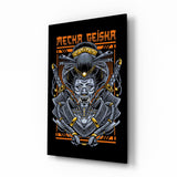 Mecha Geisha orange cinematic glass wall art over walnut console in designer entertainment den