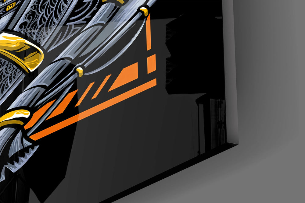 Tangerine cyborg cinematic glass wall art in streetwear-boutique entry
