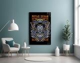 Tattoo-flash cinematic glass wall art in tattoo-studio reception