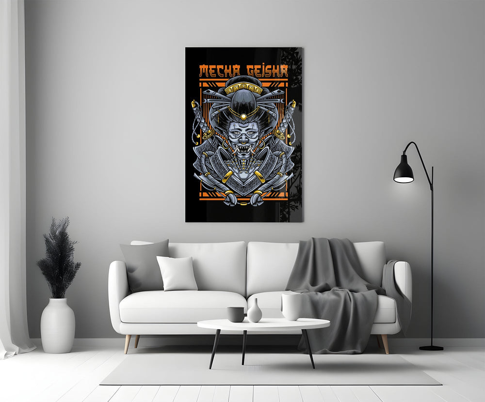 Mecha geisha colorway cinematic glass wall art in heritage stairwell