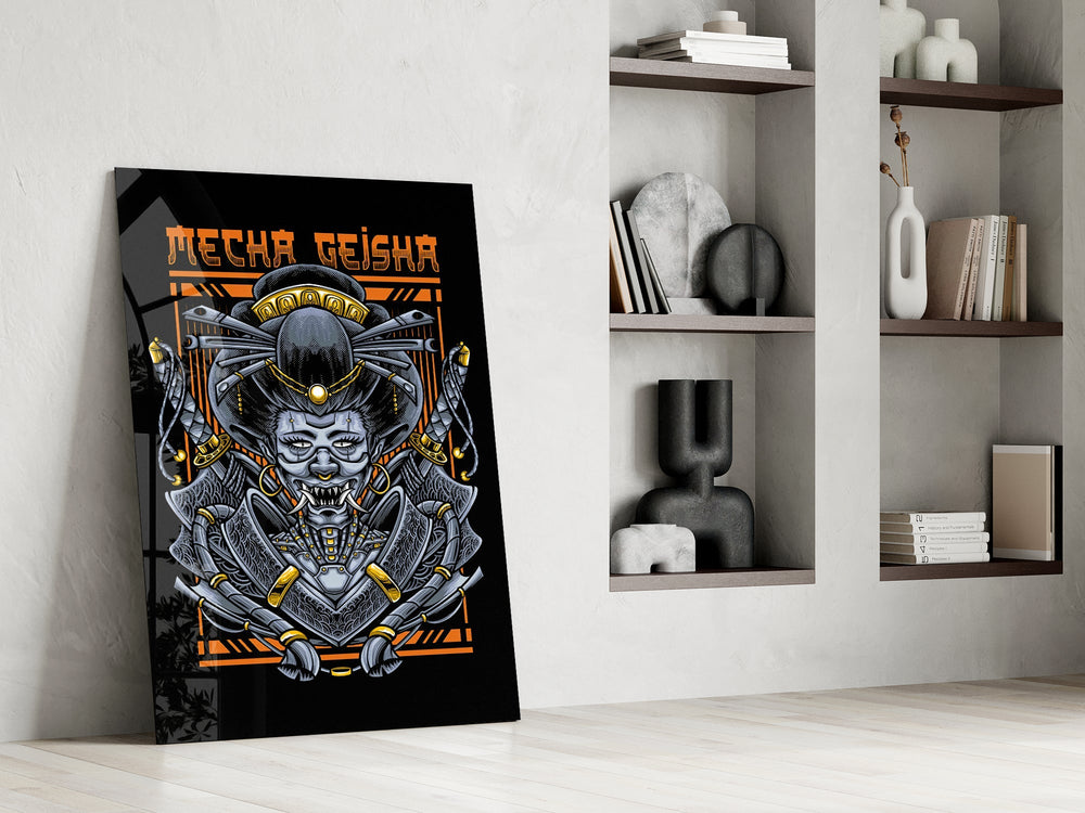 Cyber-samurai poster cinematic glass wall art in private library reading nook