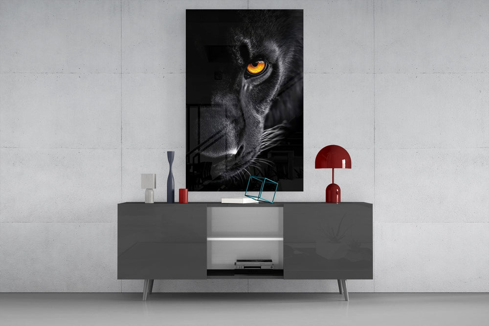 Apex panther cinematic glass wall art in masculine-luxe study