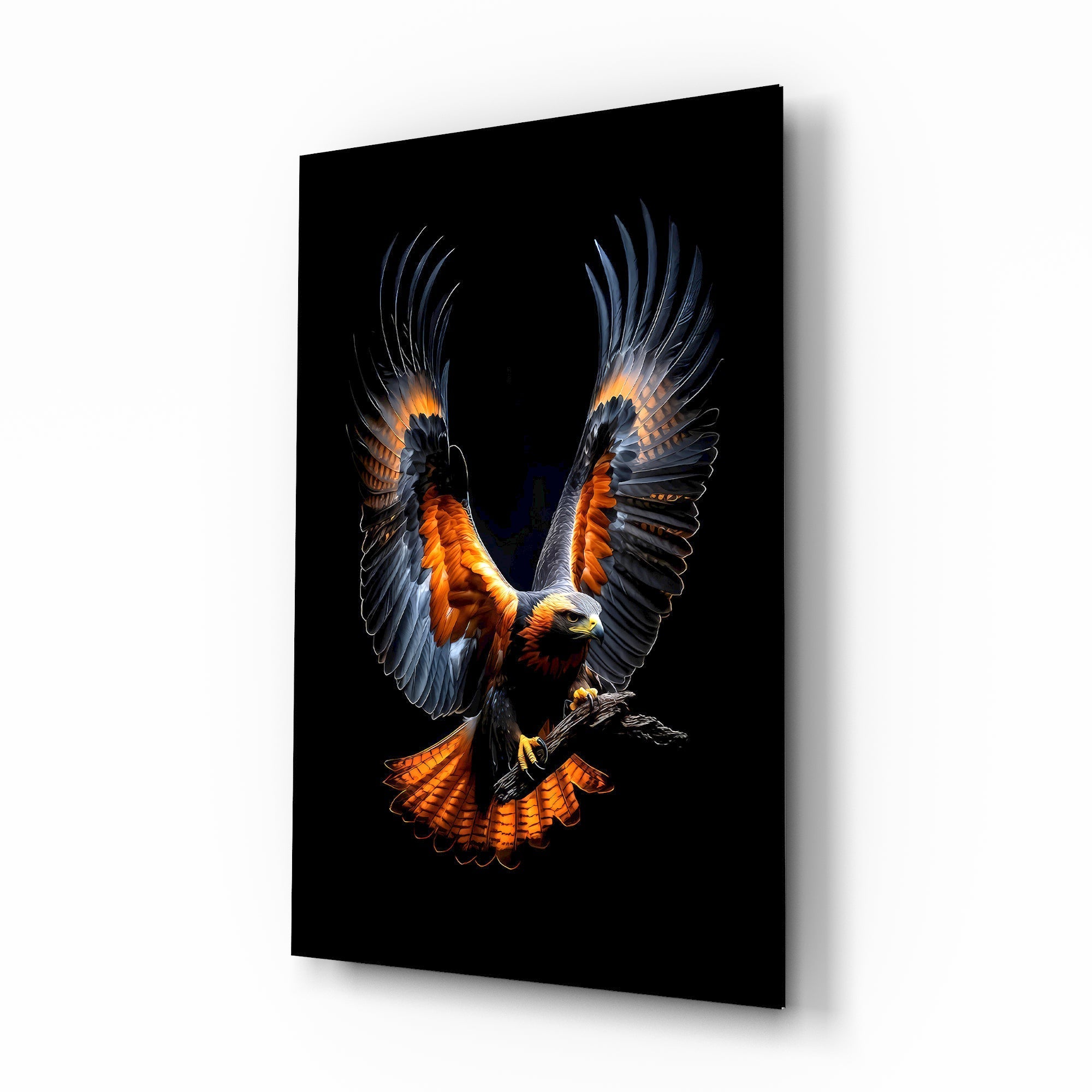 Harris hawk in flight cinematic glass wall art over walnut console in designer office