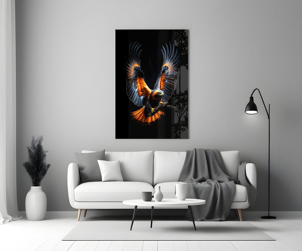 Tangerine plumage cinematic glass wall art in heritage stairwell