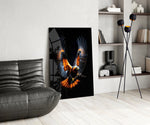 Tim-Flach style cinematic glass wall art over modern dining sideboard