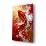 Red and gold koi cinematic glass wall art over walnut console in designer fashion atelier