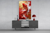 Alcohol-ink koi cinematic glass wall art in light-filled atelier