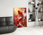 Scarlet-and-gold koi cinematic glass wall art over modern dining sideboard