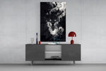 Japanese ink-painting cinematic glass wall art in masculine-luxe study