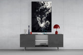 Japanese ink-painting cinematic glass wall art in masculine-luxe study