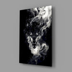 Dark fantasy heavy metal cinematic glass wall art in tattoo-studio reception