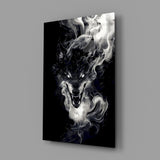 Dark fantasy heavy metal cinematic glass wall art in tattoo-studio reception