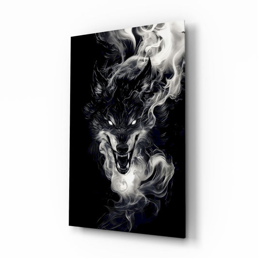 Smoke wolf phantom cinematic glass wall art over walnut console in designer entertainment den