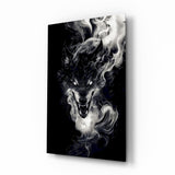Smoke wolf phantom cinematic glass wall art over walnut console in designer entertainment den